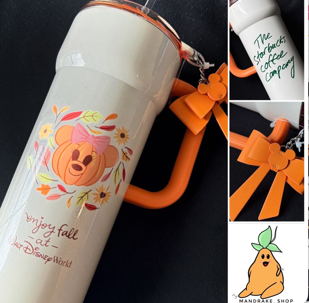 Disney Park Starbucks Fall Minnie Pumpkin Tumbler Shimmer Halloween Bow Charm